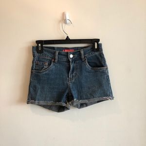Distressed denim shorts